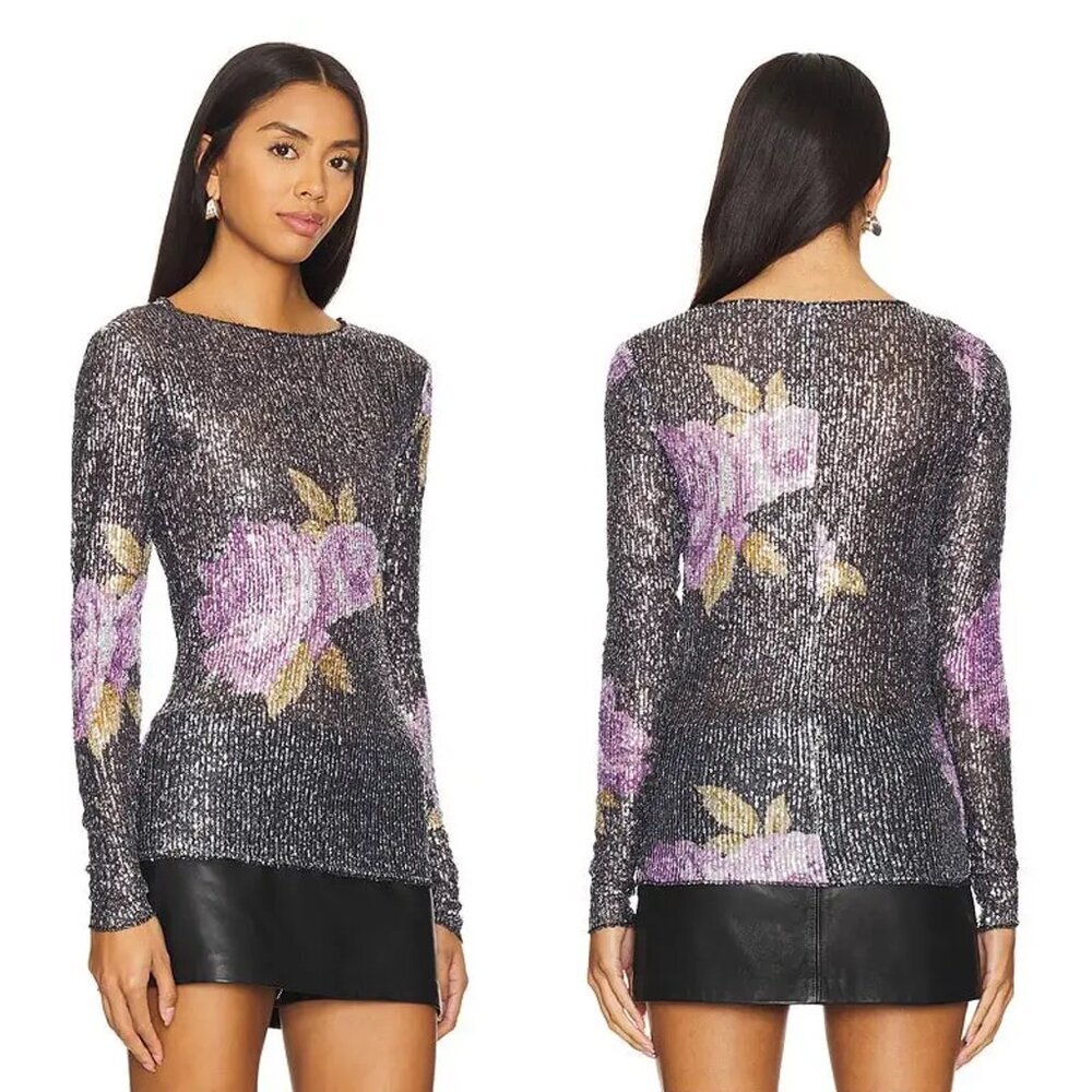NWT New $88 Free People Printed Gold Rush Long Sleeve Sequins Top Size M